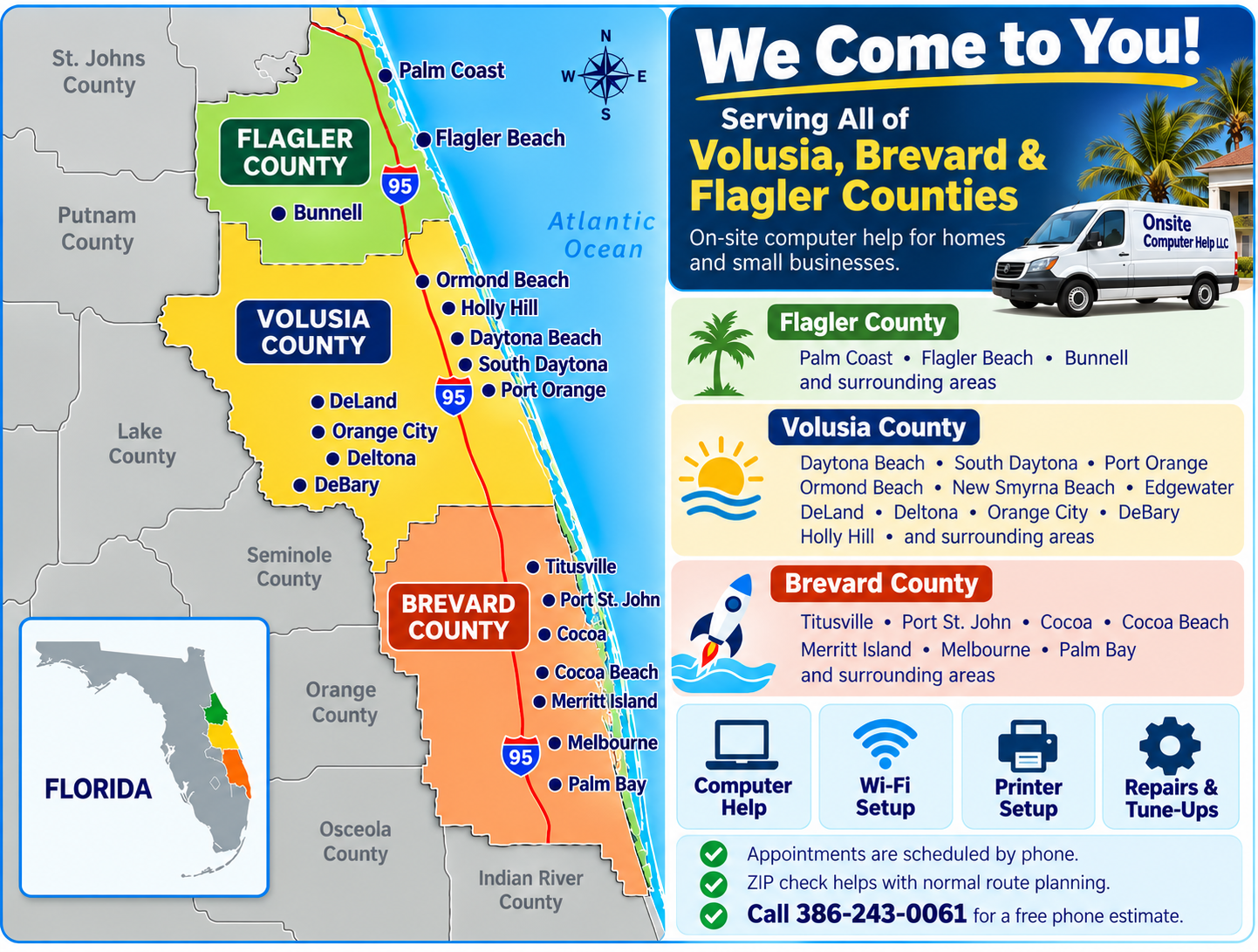 Service area map showing Flagler, Volusia and Brevard Counties.